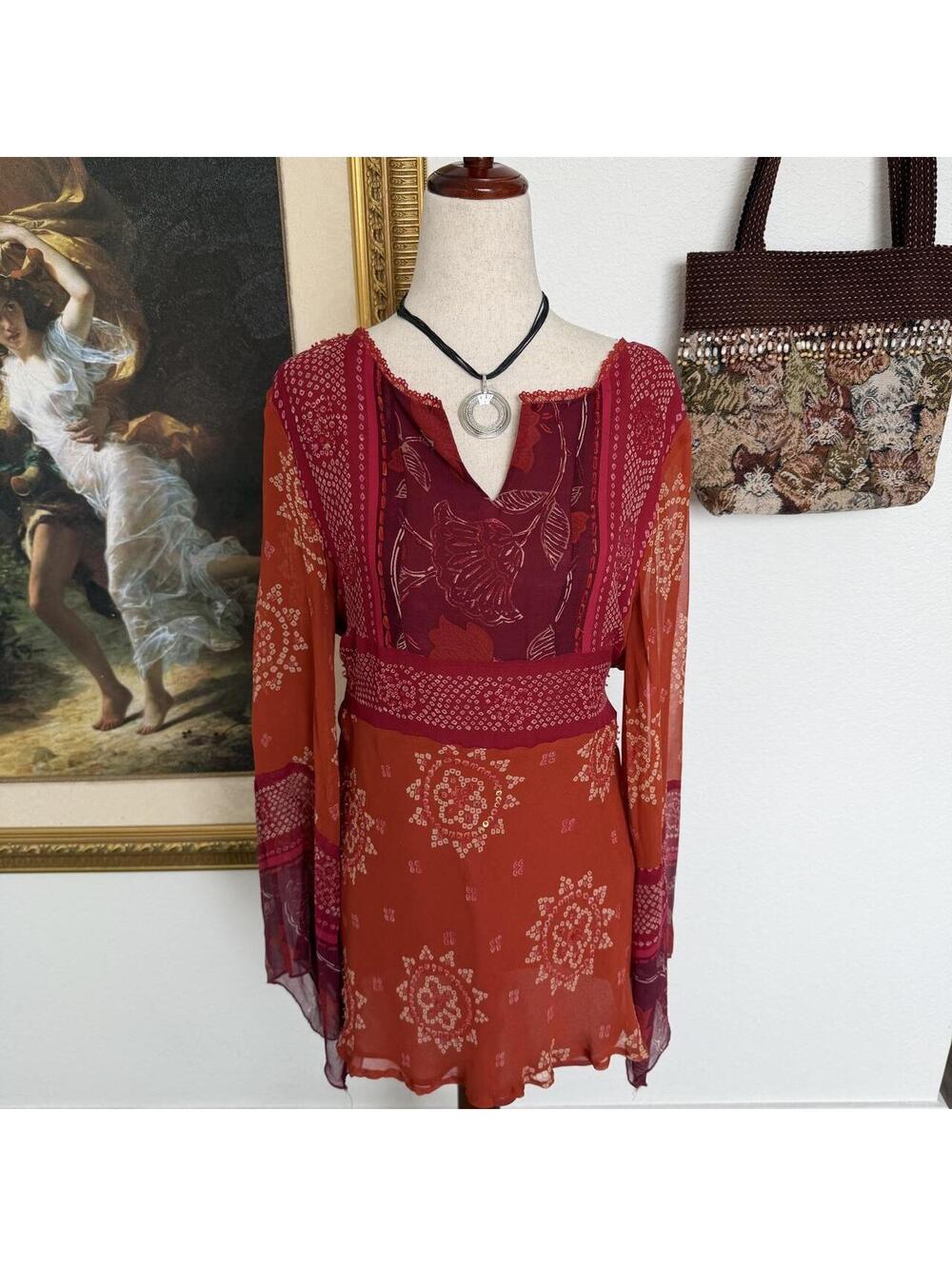 Y2K 100% Silk Beaded Fall Boho Fairy Top with Tie Back